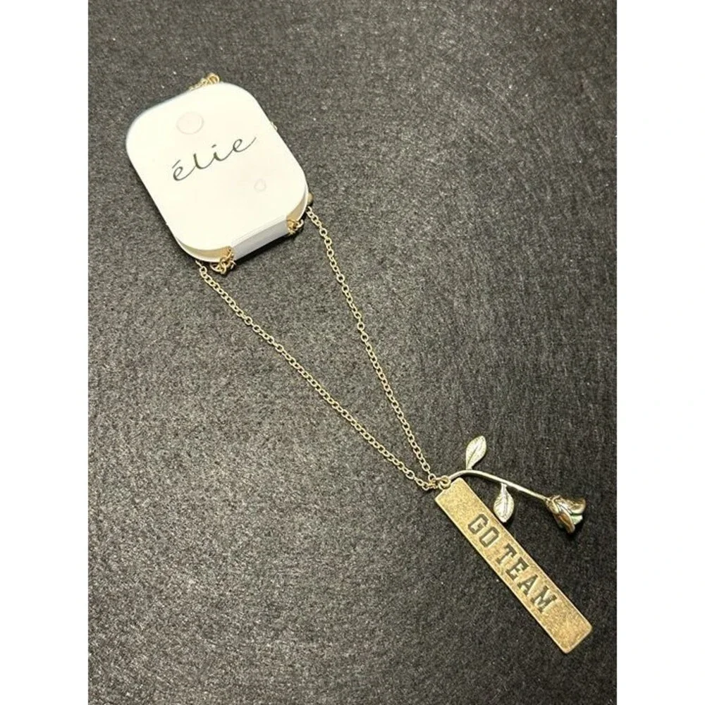 élie Gold GO TEAM Bar Pendant Necklace Rose Leaf Charm NWT New Boho Jewelry Gift